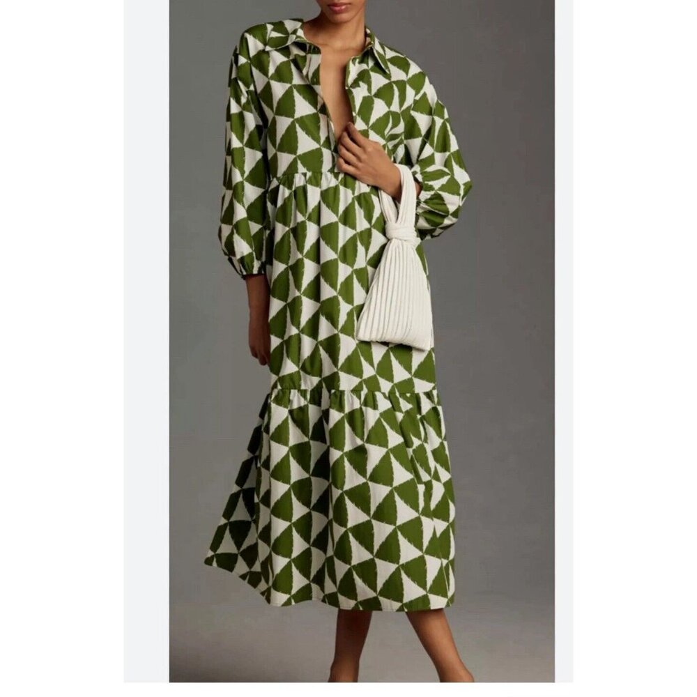 ANTHROPOLOGIE The Bettina Dress Tiered Shirt Size Small Green Maeve $168